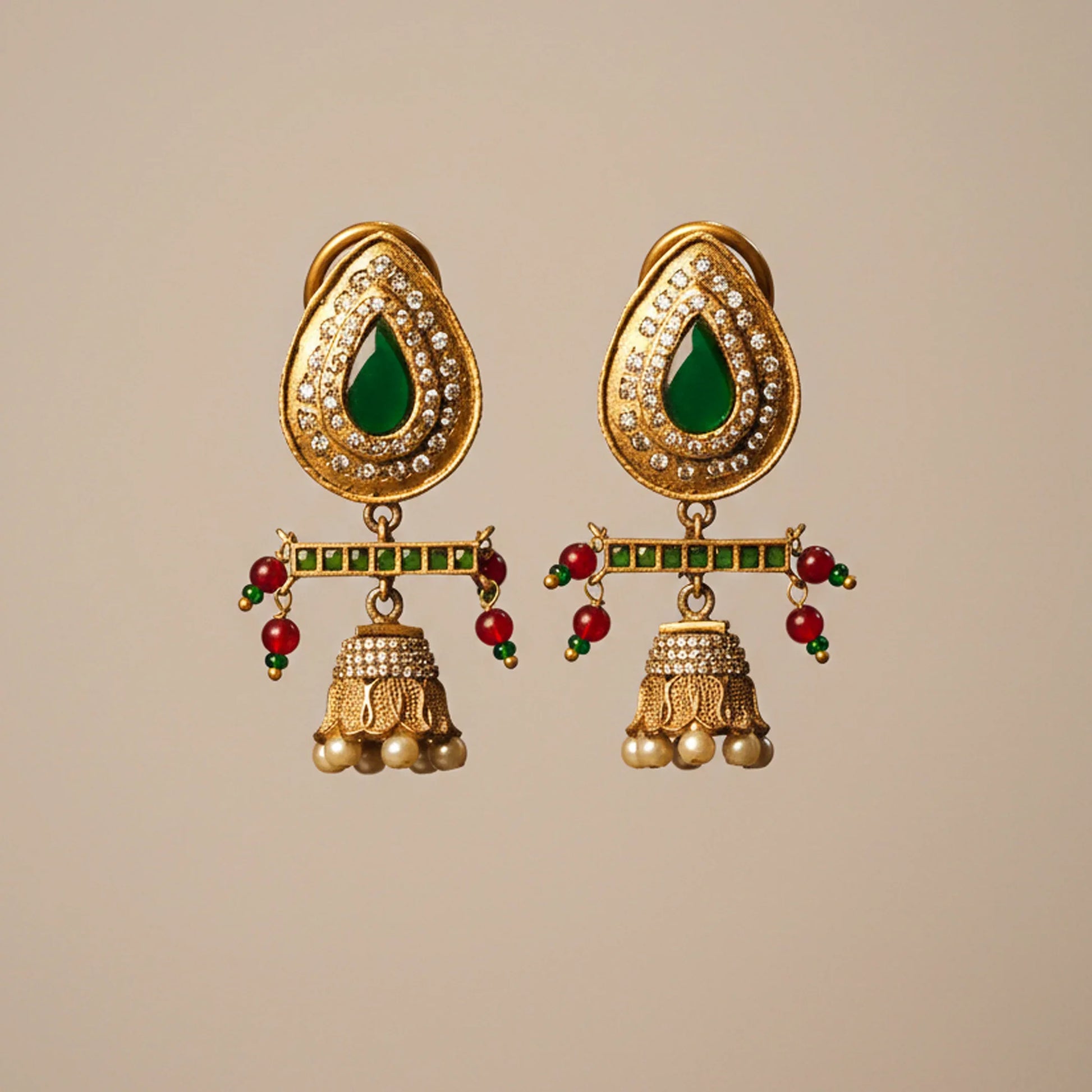 Emerald Teardrop Bar Jhumka Earrings - Malaiyyo