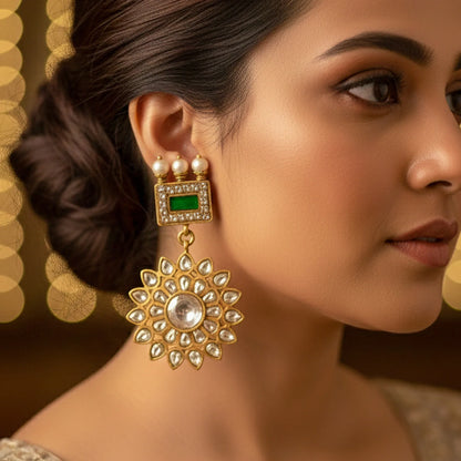 Emerald Frame Floral Drop Earrings - Malaiyyo