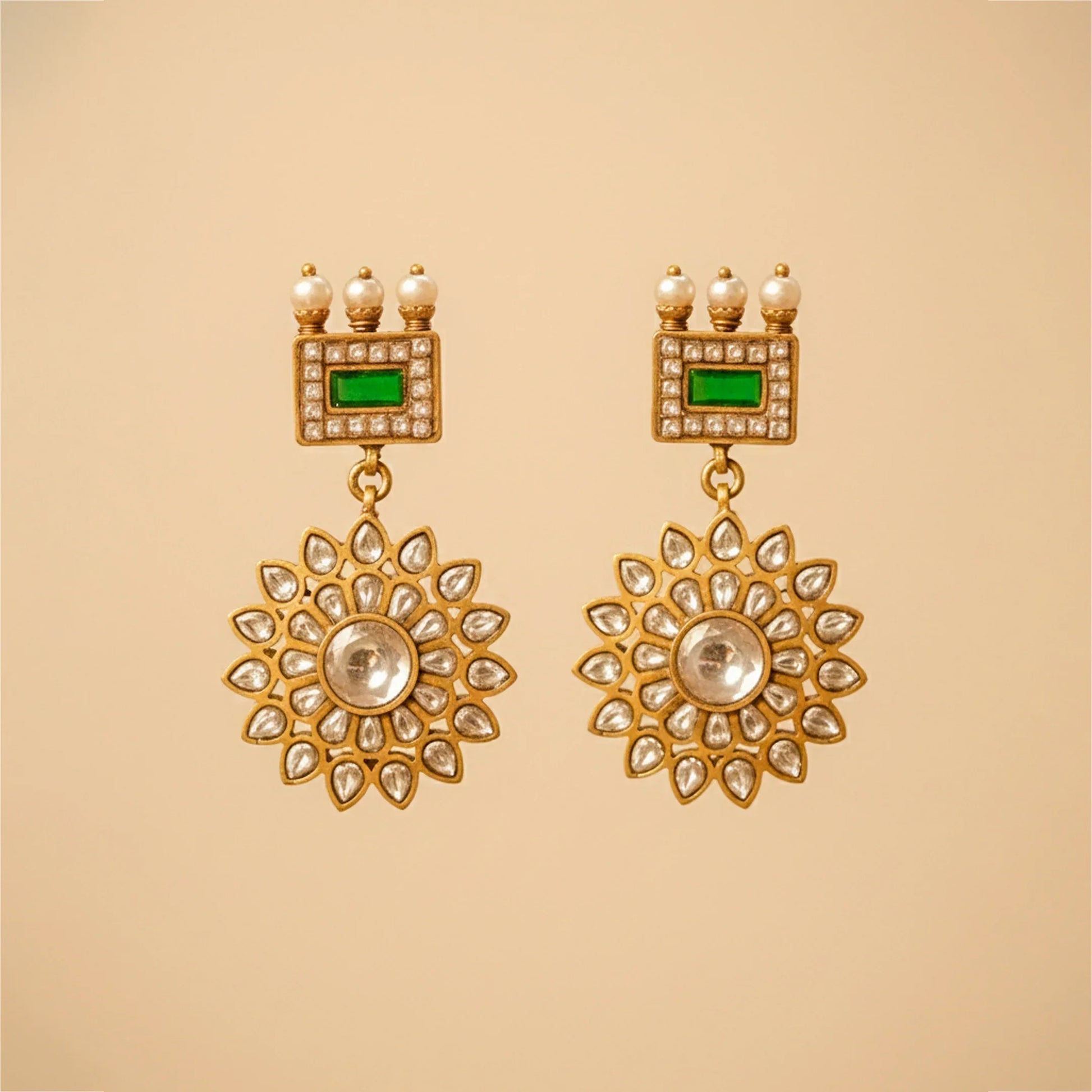 Emerald Frame Floral Drop Earrings - Malaiyyo