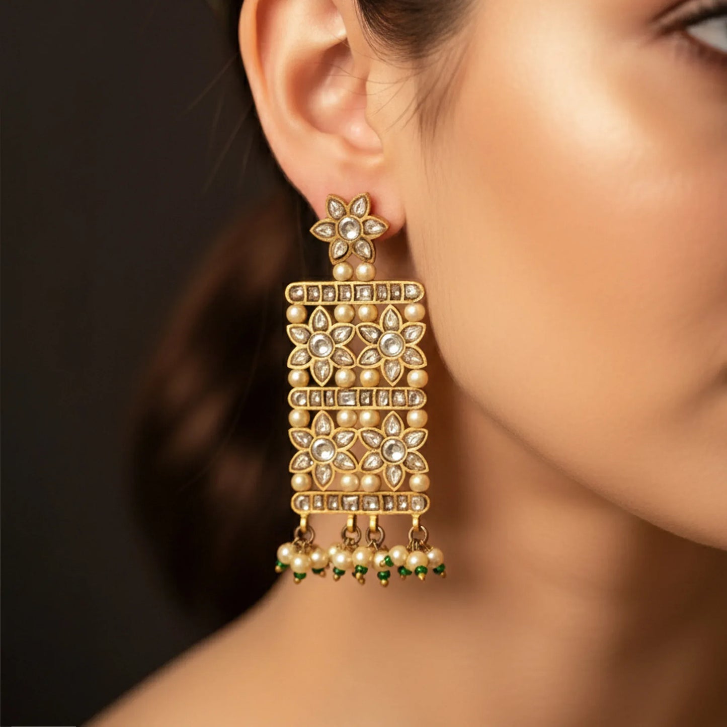 Floral Polki Pearl Drop Earrings - Malaiyyo