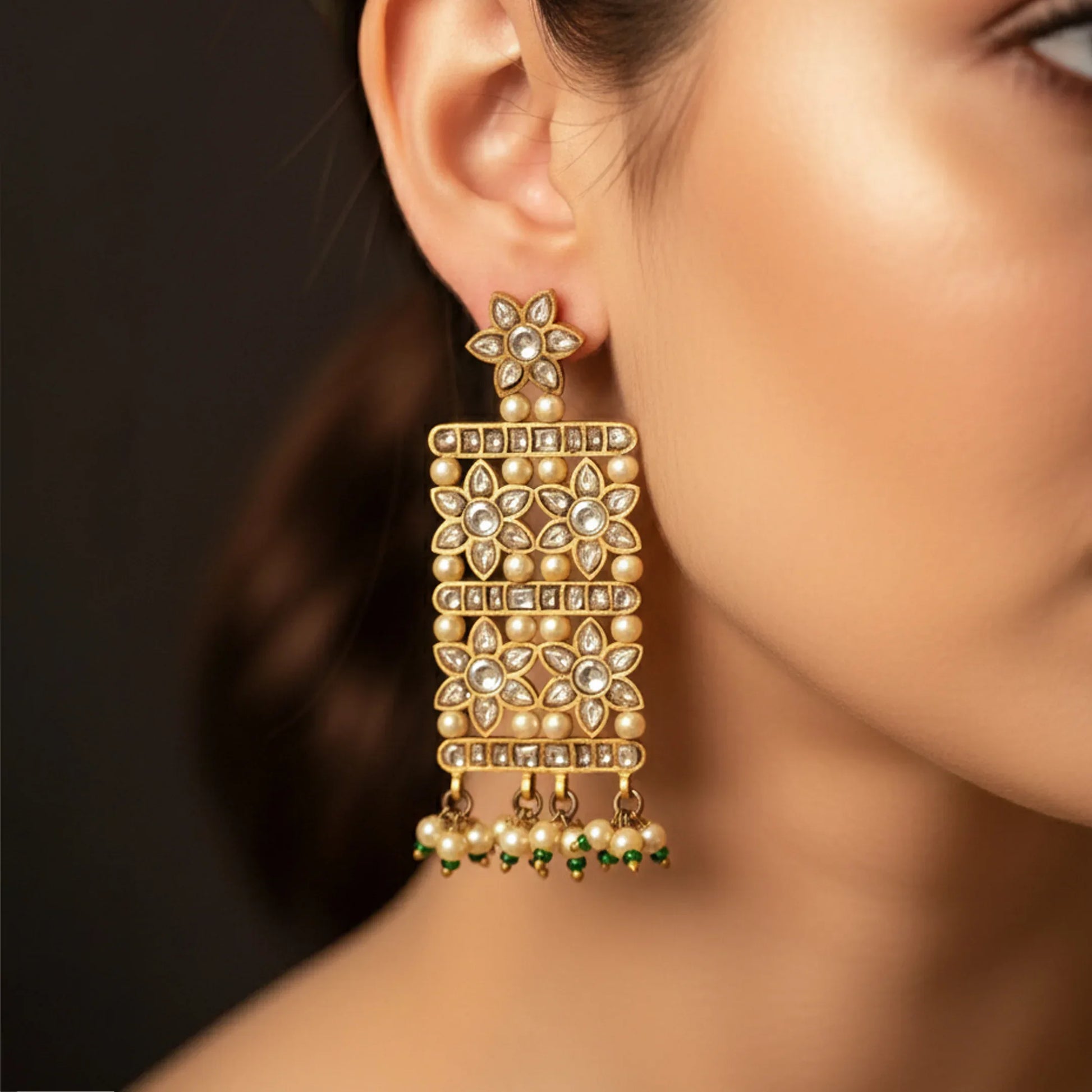 Floral Polki Pearl Drop Earrings - Malaiyyo
