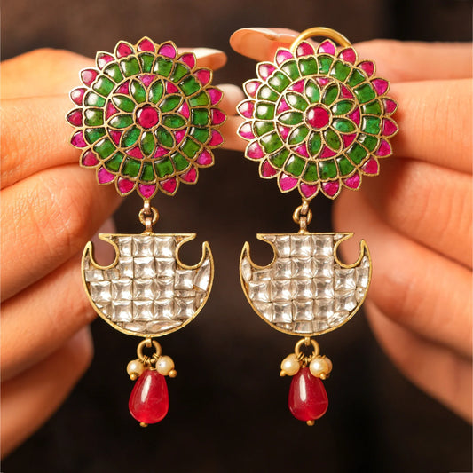 Enamel Bloom Crescent Drop Earrings - Malaiyyo