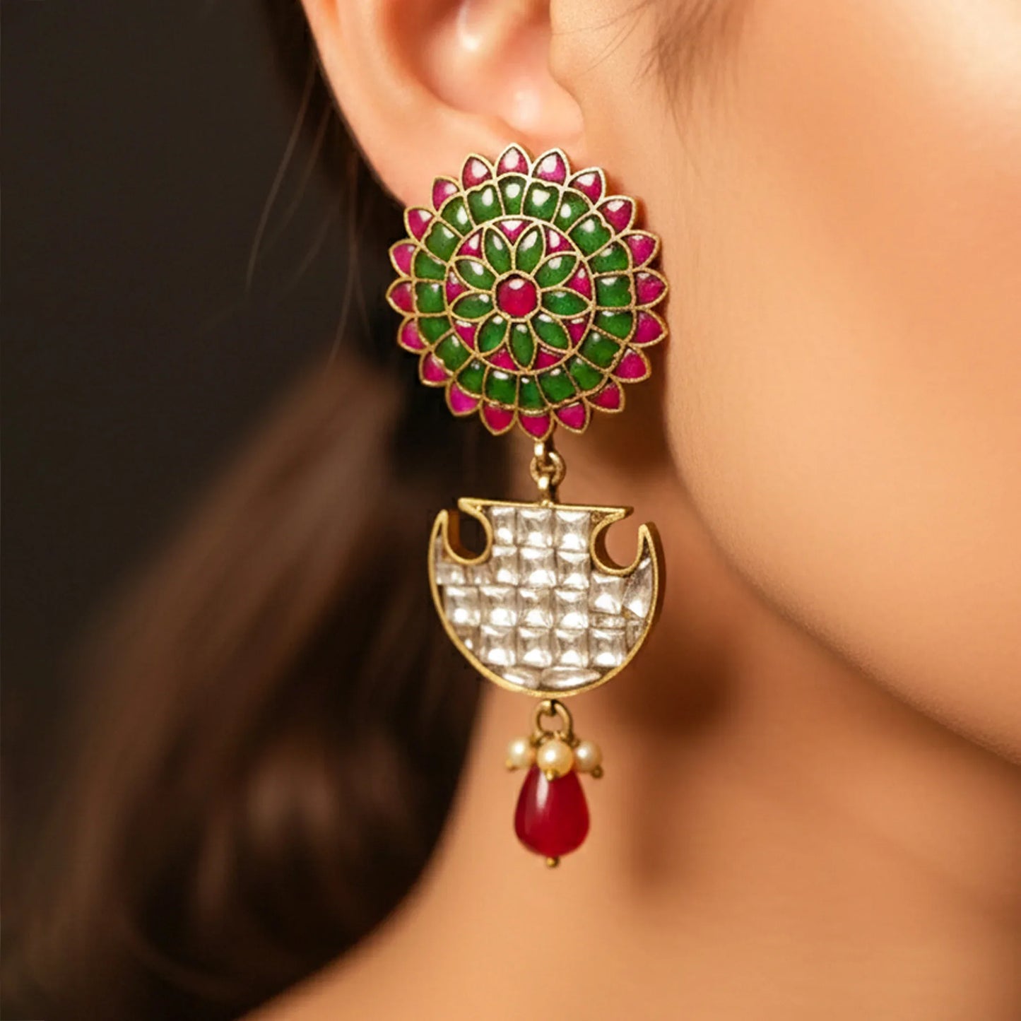 Enamel Bloom Crescent Drop Earrings - Malaiyyo