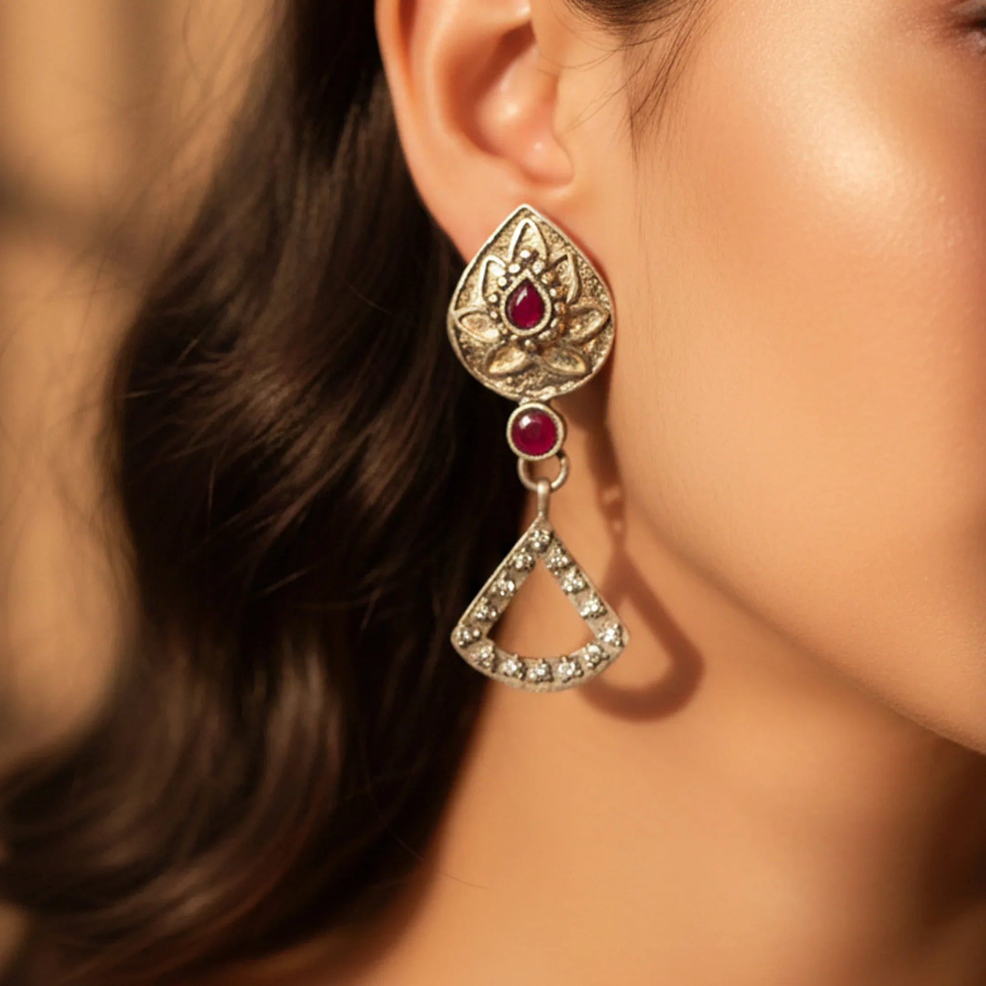 Lotus Crest Geometric Drop Earrings - Malaiyyo