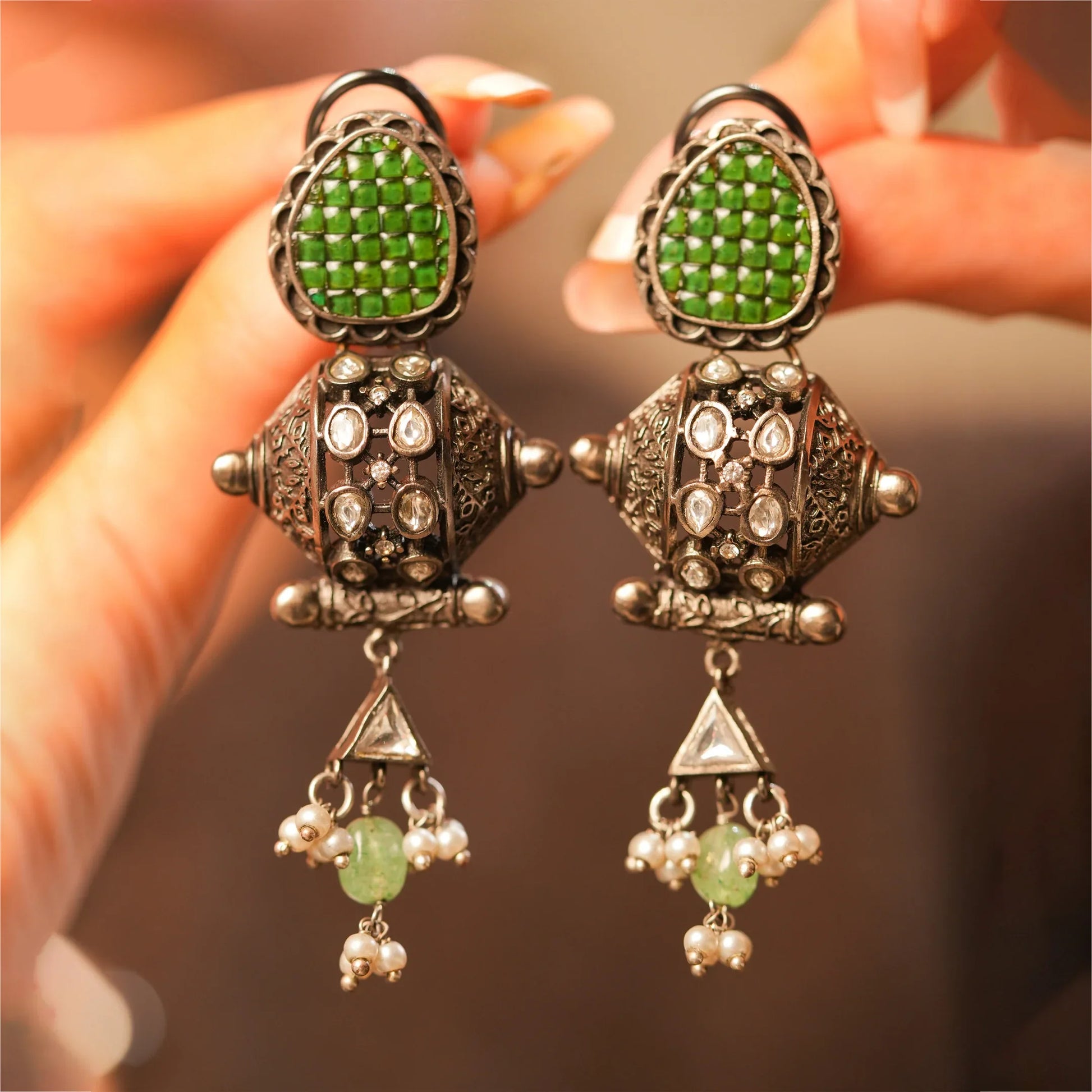 Emerald Crest Oxidised Earrings - Malaiyyo