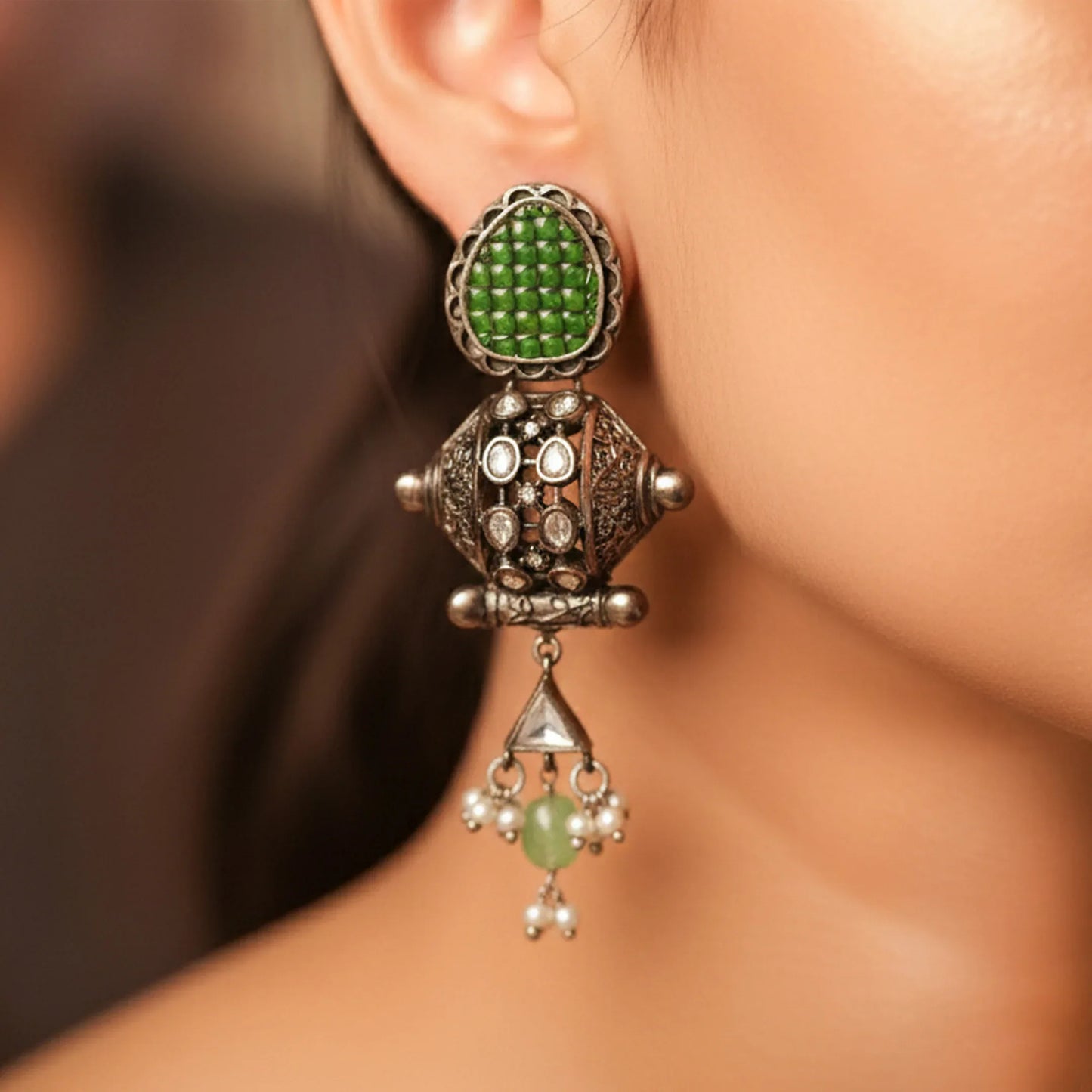 Emerald Crest Oxidised Earrings - Malaiyyo