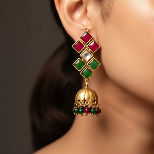 Ruby Emerald Jhumka Drop Earrings - Malaiyyo