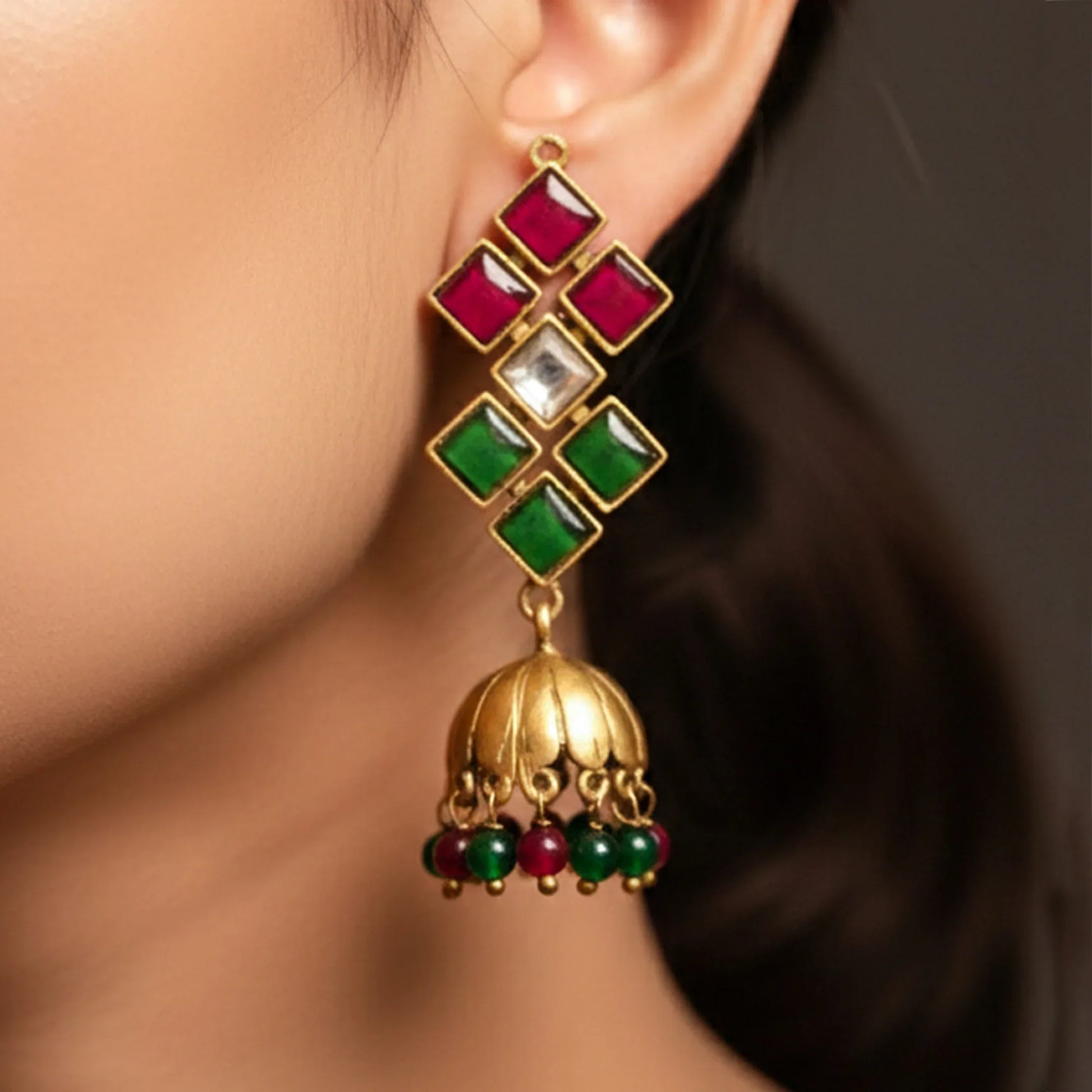 Ruby Emerald Jhumka Drop Earrings - Malaiyyo