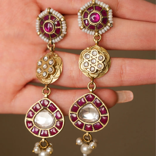 Ruby Disc Kundan Drop Earrings - Malaiyyo