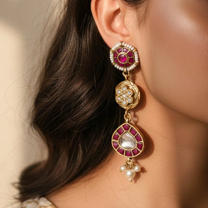 Ruby Disc Kundan Drop Earrings - Malaiyyo
