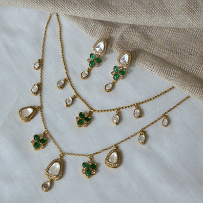 Emerald Charm Polki Necklace and Earrings Set
