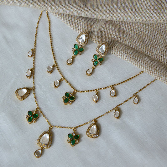 Emerald Charm Polki Necklace and Earrings Set
