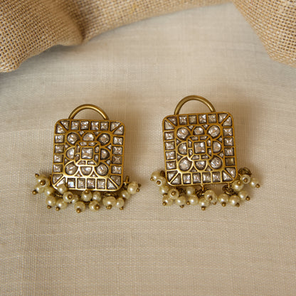 Antique Gold Finish Polki Mosaic Square Stud Earrings with Pearl Fringe