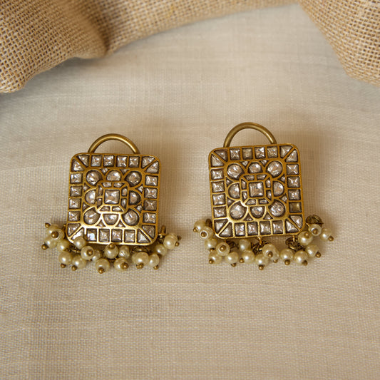 Antique Gold Finish Polki Mosaic Square Stud Earrings with Pearl Fringe
