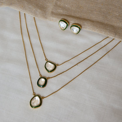 Green Enamel Layered Polki Necklace Set