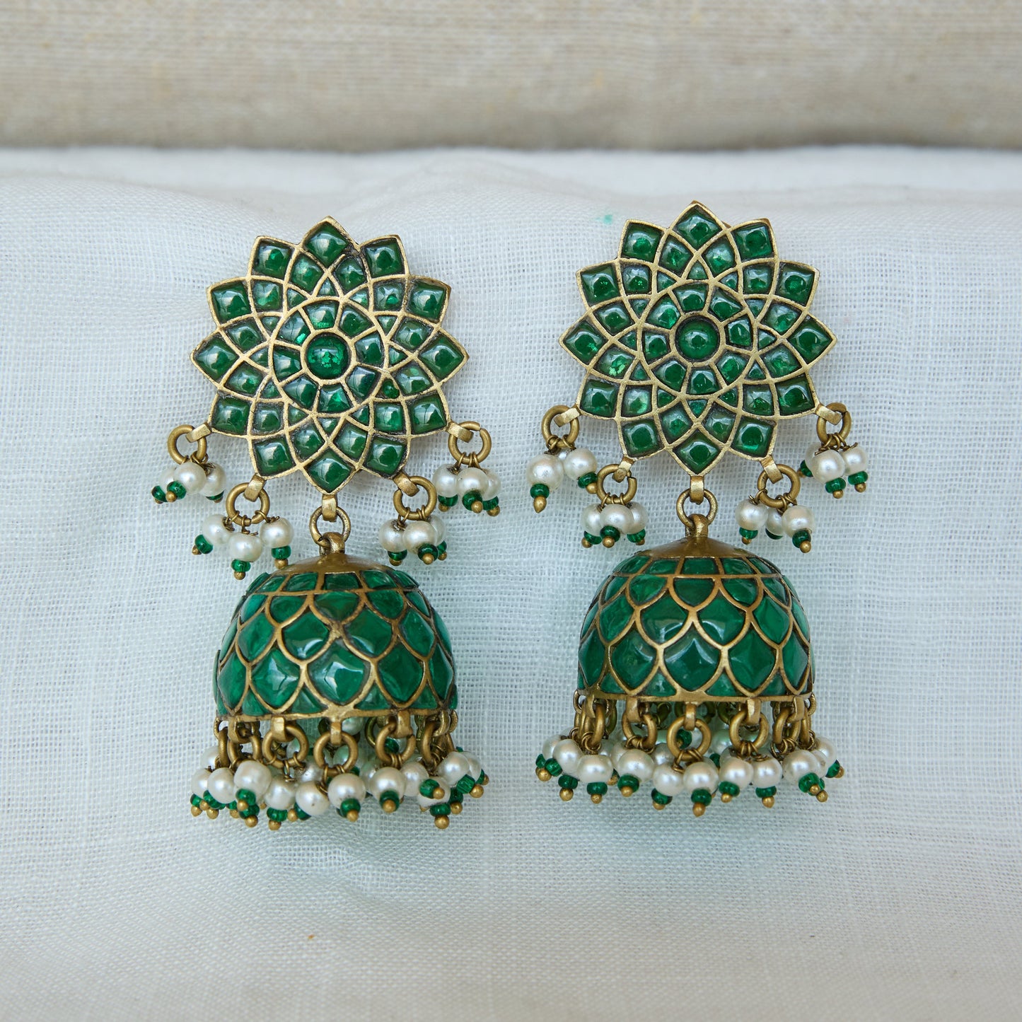 Gold Finish Emerald Stone Jhumka Earrings