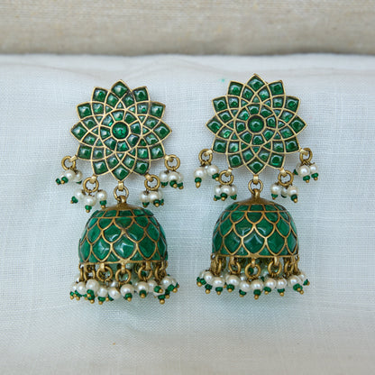 Gold Finish Emerald Stone Jhumka Earrings