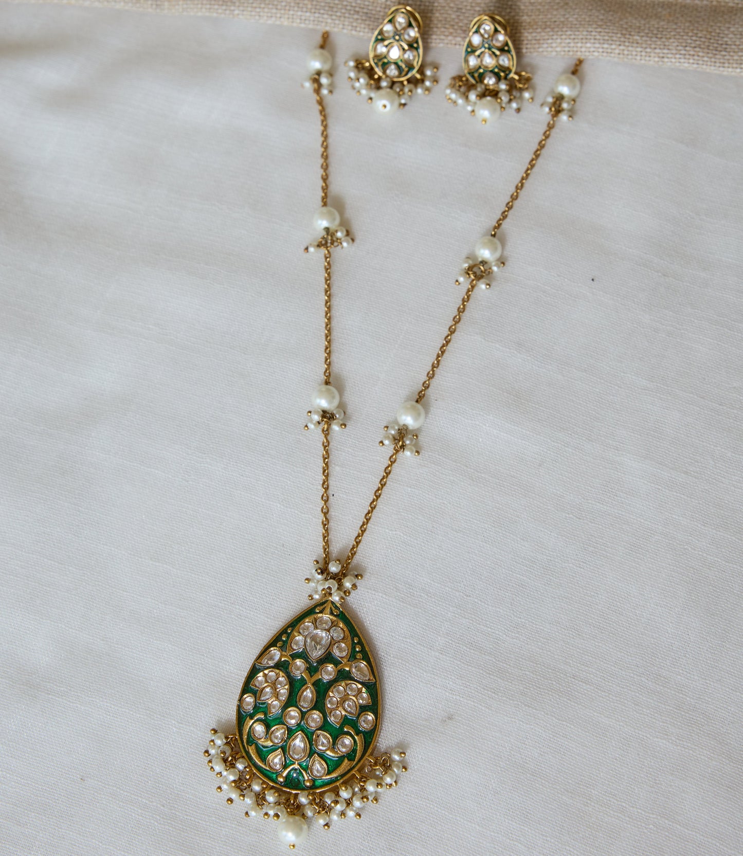 Green Enamel Polki Pendant Necklace and Earrings Set