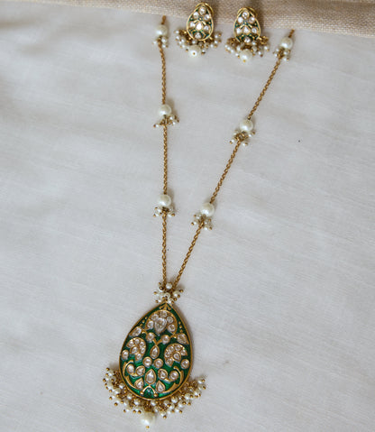 Green Enamel Polki Pendant Necklace and Earrings Set