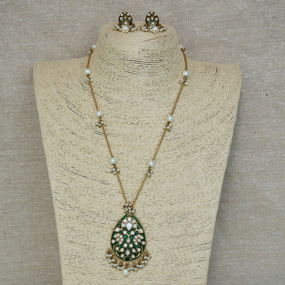 Green Enamel Polki Pendant Necklace and Earrings Set
