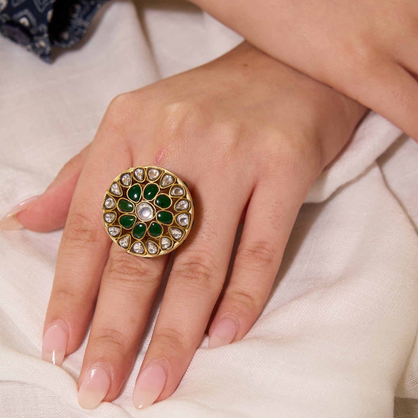 Green Polki Floral Statement Ring