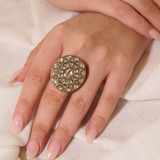 Antique Gold Geometric Polki Adjustable Ring