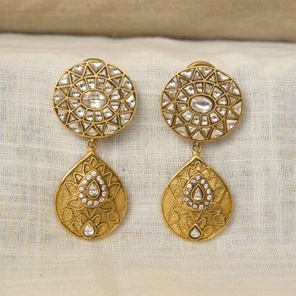 Matte Gold Finish Polki Mandala Drop Earrings