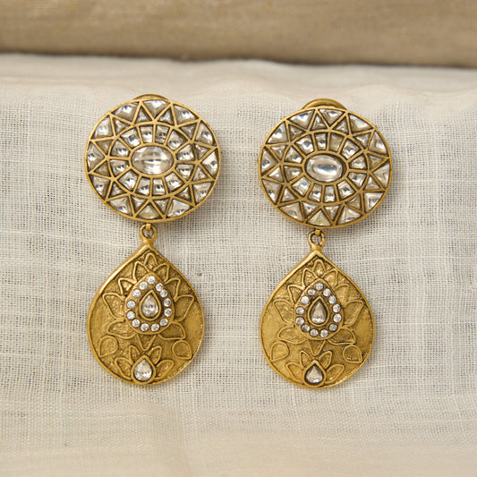 Matte Gold Finish Polki Mandala Drop Earrings