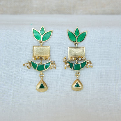 Emerald Lotus Pearl Drop Earrings