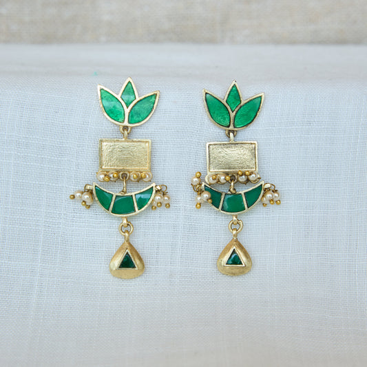 Emerald Lotus Pearl Drop Earrings