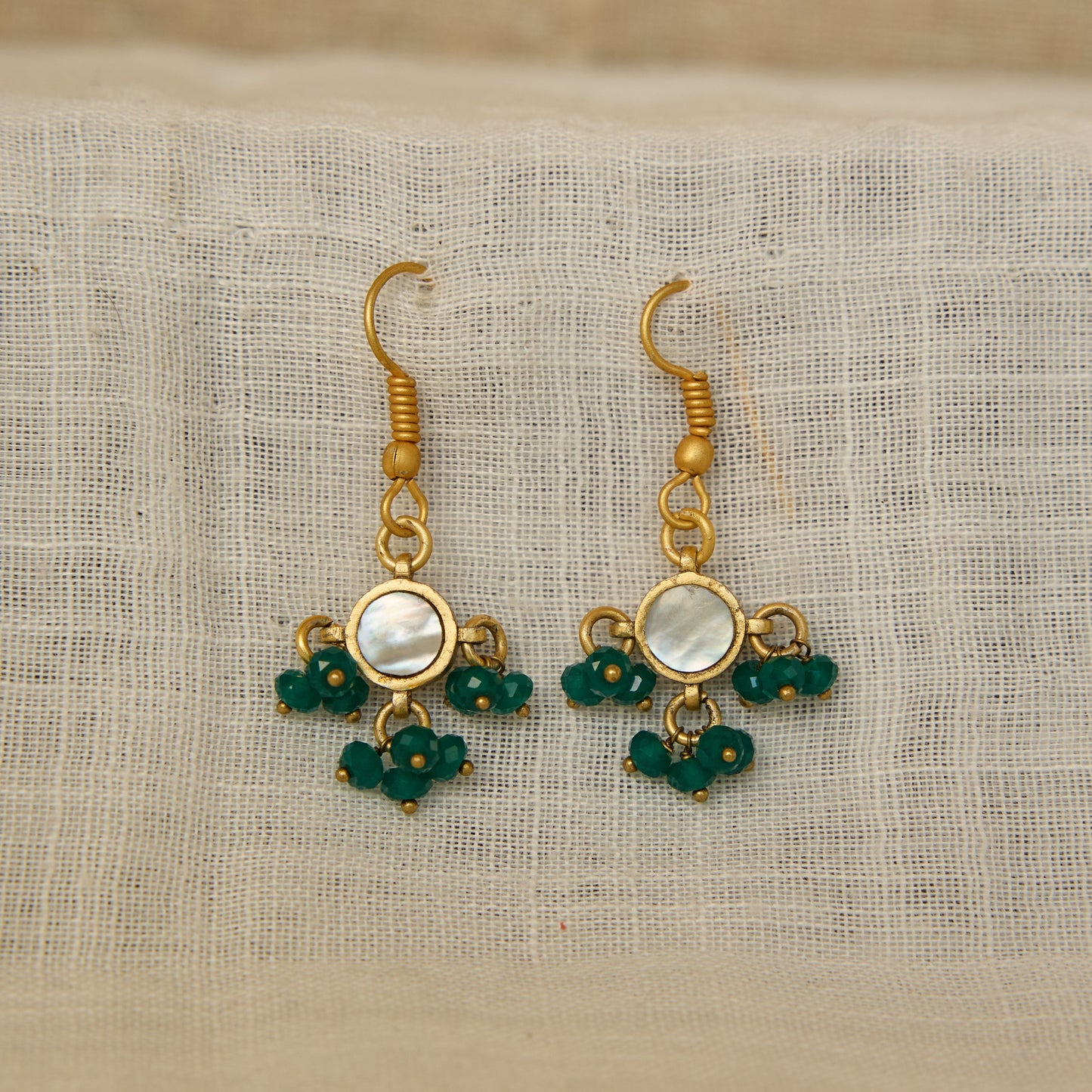 Mother of Pearl Earrings with Emerald Bead Drops