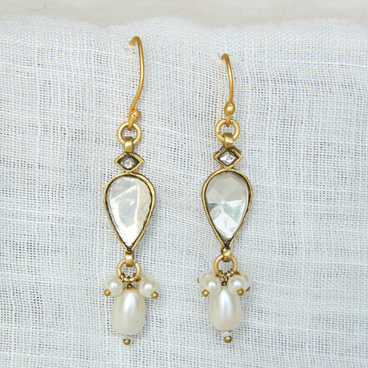 Polki Fish Hook Pearl Drop Earrings