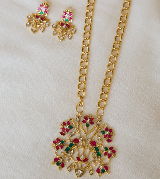 Ruby Green Floral Pendant Long Necklace and Earrings Set
