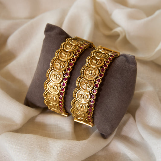 Temple Coin Motif Matte Gold Bangles