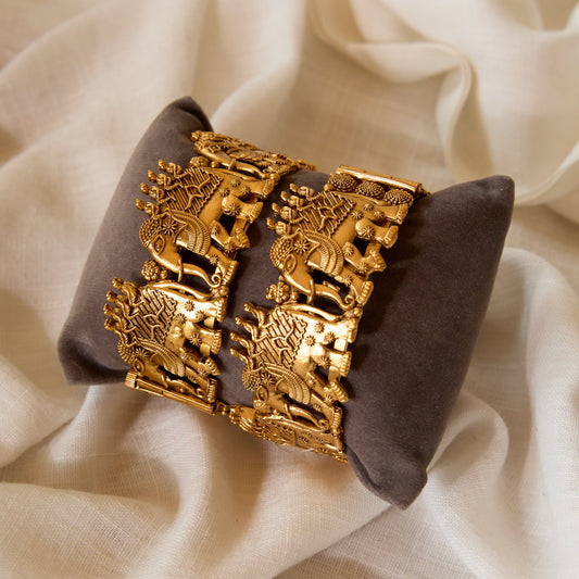 Temple Elephant Motif Gold Plated Kada Bangle Set