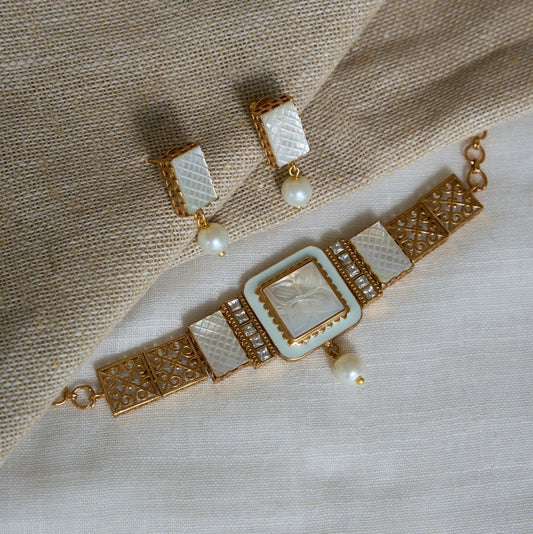 Mother of Pearl Filigree Necklace and Earrings Set