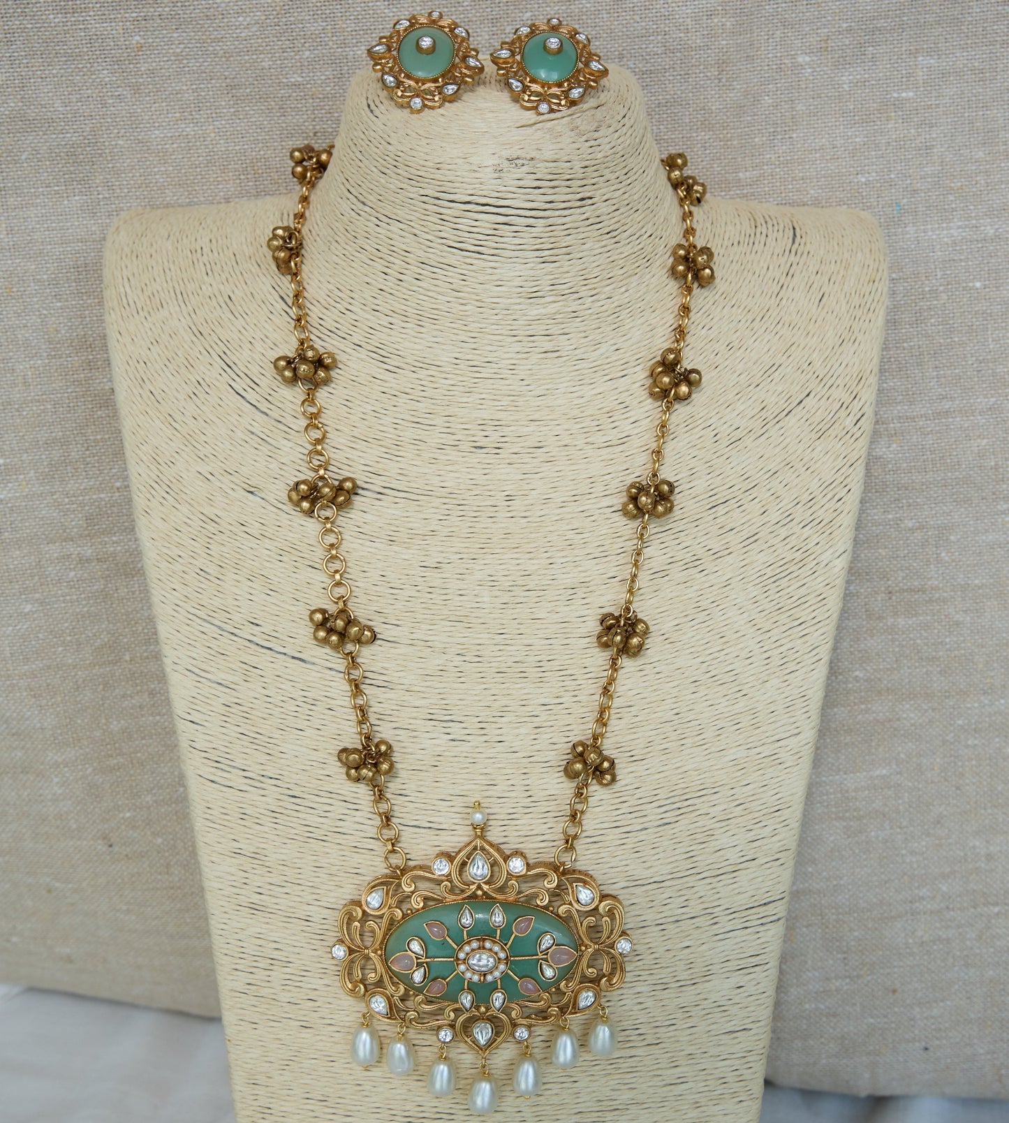 Pastel Stone Polki Pendant Necklace and Earrings Set
