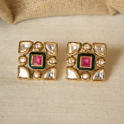 Gold Finish Kundan Mosaic Stud Earrings