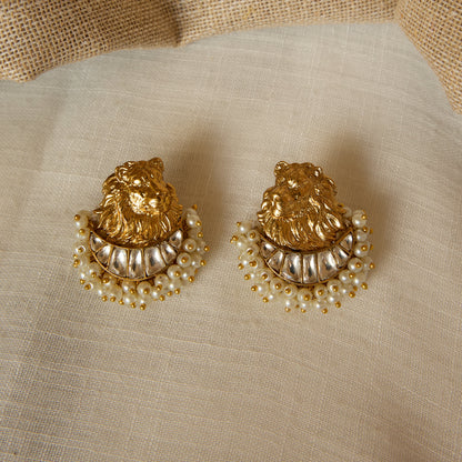 Antique Gold Finish Lion Crest Polki Stud Earrings with Pearl Fringe