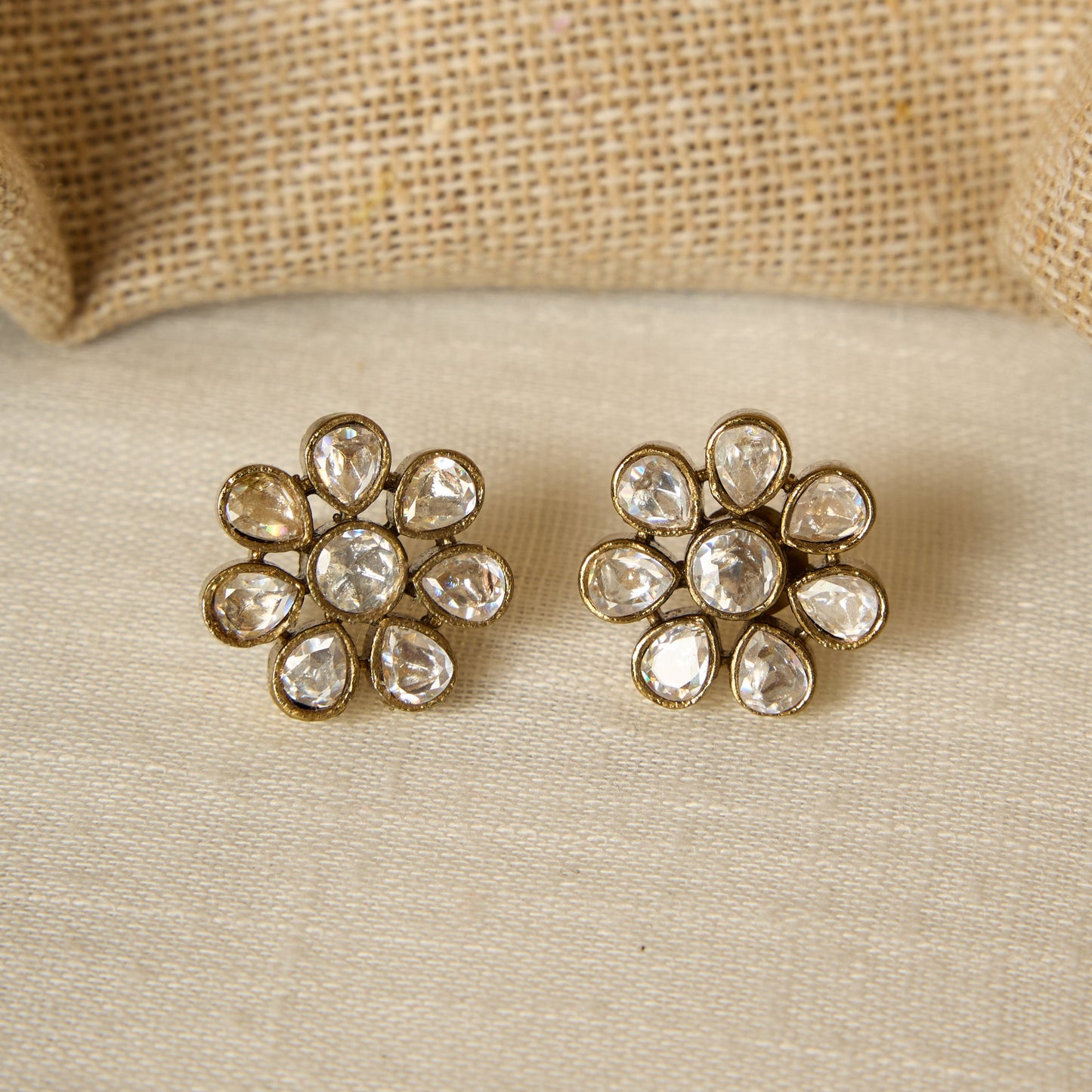 Antique Gold Finish Polki Floral Cluster Stud Earrings