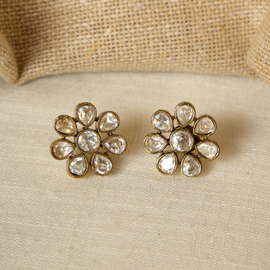 Antique Gold Finish Polki Floral Cluster Stud Earrings