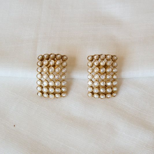 Crystal Grid Matte Gold Stud Earrings