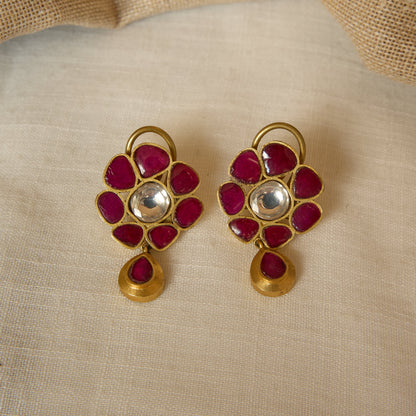 Matte Gold Finish Ruby Kundan Rosette Drop Earrings