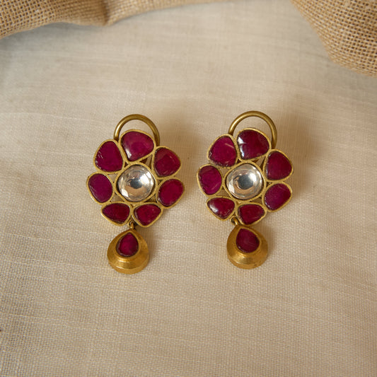 Matte Gold Finish Ruby Kundan Rosette Drop Earrings