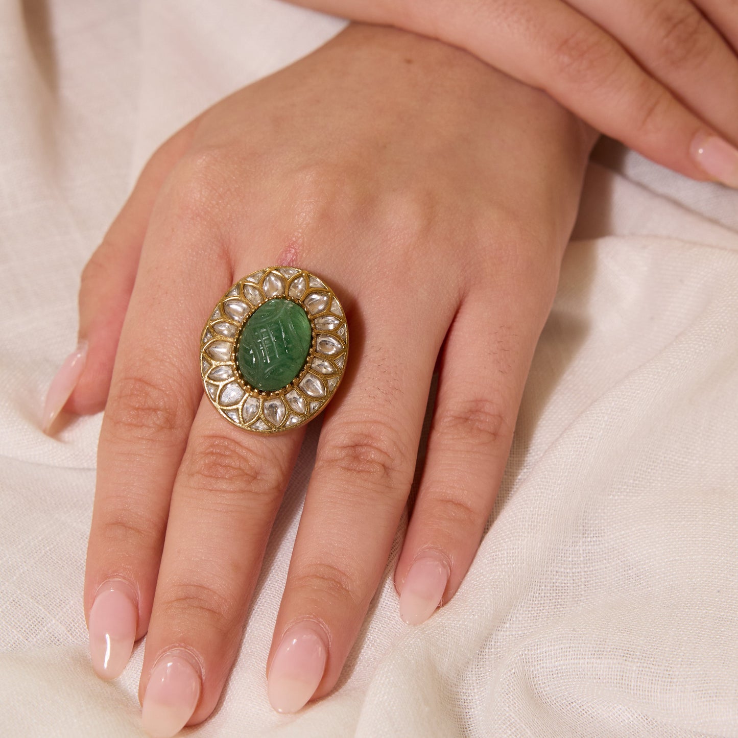 Green Stone Polki Oval Gold Tone Ring