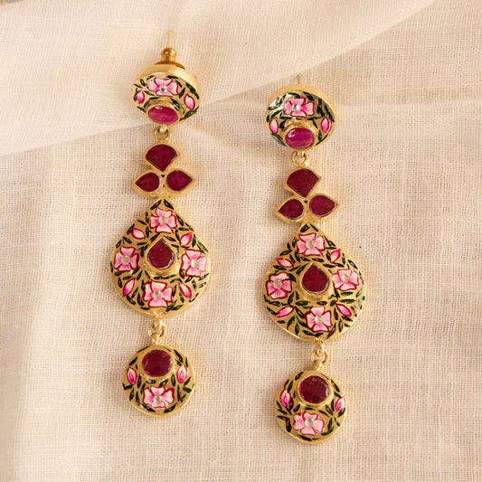 Meenakaari Ruby Floral Drop Earrings