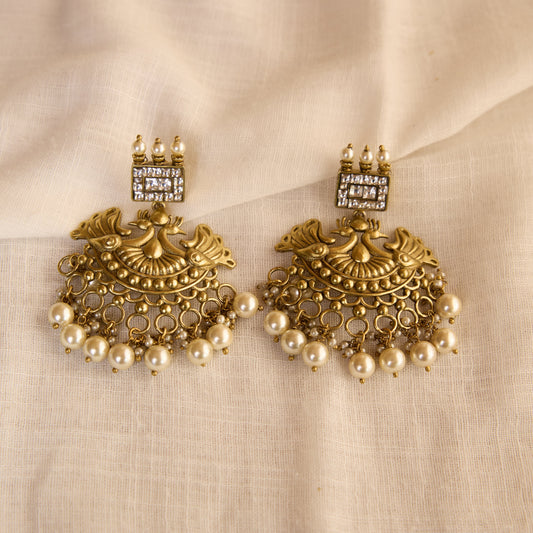 Antique Gold Temple Pearl Chandbali Earrings