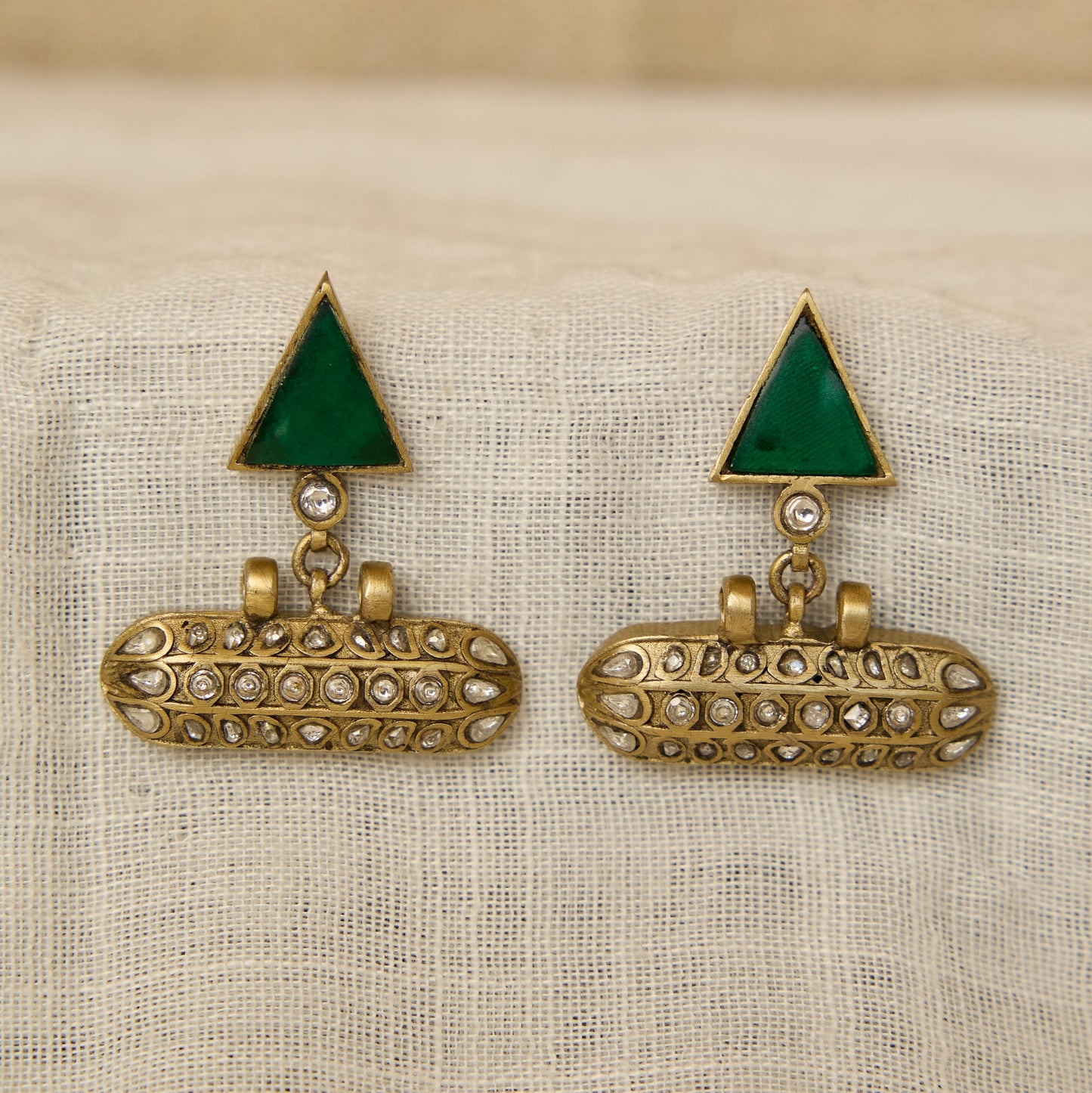 Emerald Triangle Polki Barrel Earrings