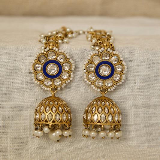 Royal Blue Polki Jhumki Earrings with Ear Chain