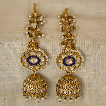 Royal Blue Polki Jhumki Earrings with Ear Chain